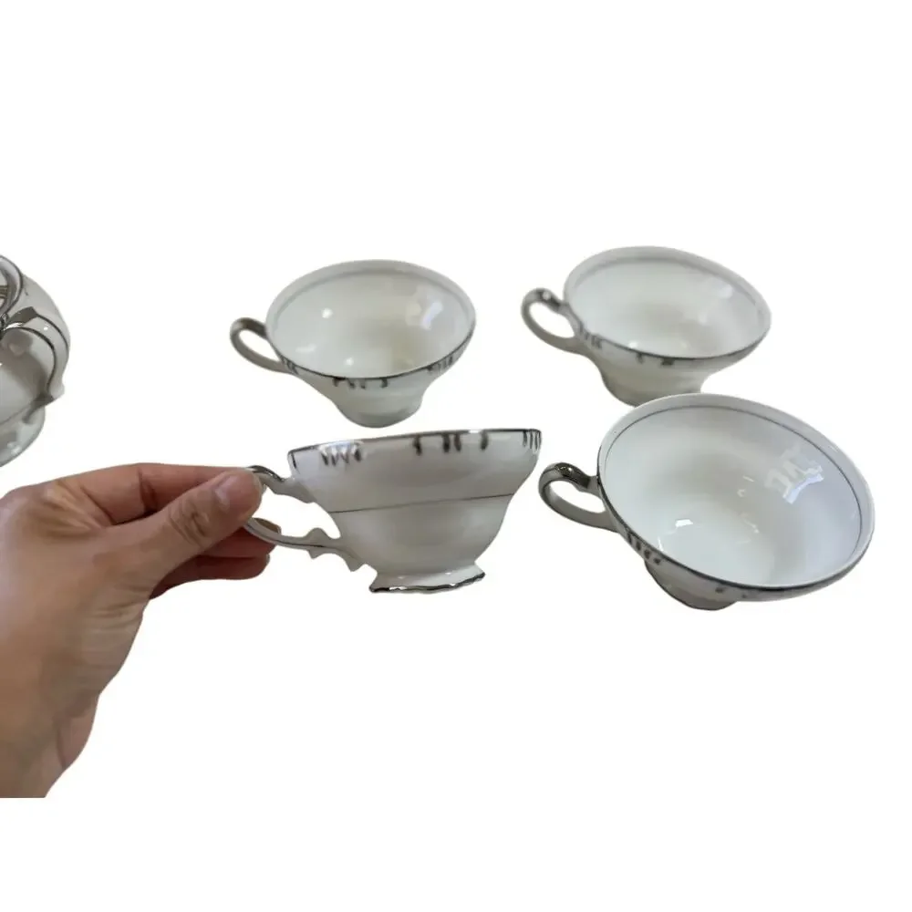 Barony collection by Fine China of Japan Tea Cups White Silver Rim Gray 3.5